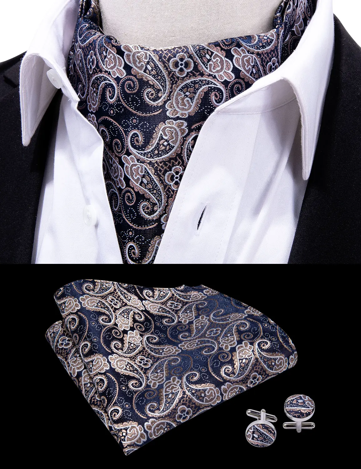 Шелковый Золотой Аскот галстук для мужчин Галстук Набор Цветочный Королевский Аскот формальный галстук платок запонки для нежных мужчин свадьба Барри. Ван