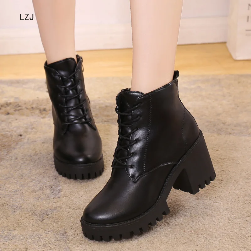 

LZJ 2019Women Winter Ankle Boots Square Heel Platform Female Shoes High Heels Short Comfortable Plush Boot Ladies Martin Boots