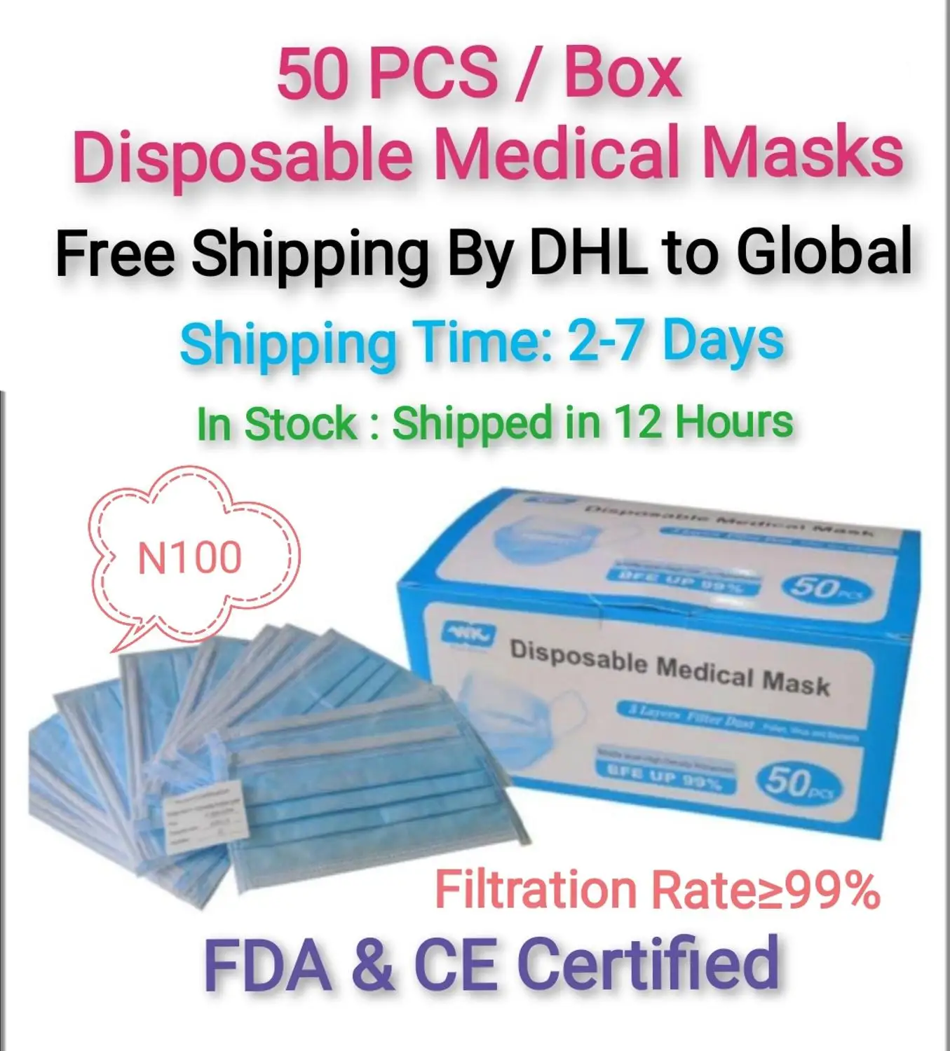 

50 PCS/Box Disposibal N100 Masks Free DHL Shipping CE&FDA Antivirus Face Mouth Mask Virus Flu Precaution Respirator In Stock