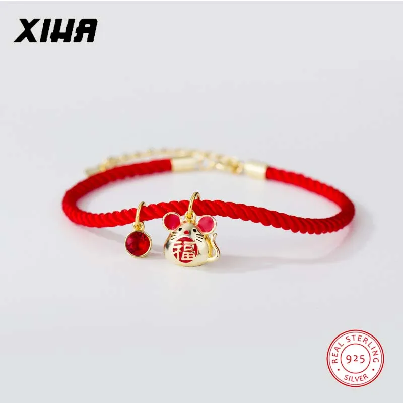 Счастливый Регулируемый браслет с красной нитью и подвеской в виде животных, мышей, крыс, 925 пробы, серебряная плетеная веревка, браслеты для девочек