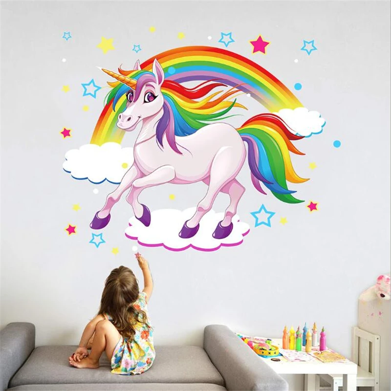 Wall Stickers cheap Colorful Unicorn Rainbow Wall Sticker Art Mural  Bedroom Waterproof Wall Decoration wall stickers for kids rooms Wall Stickers