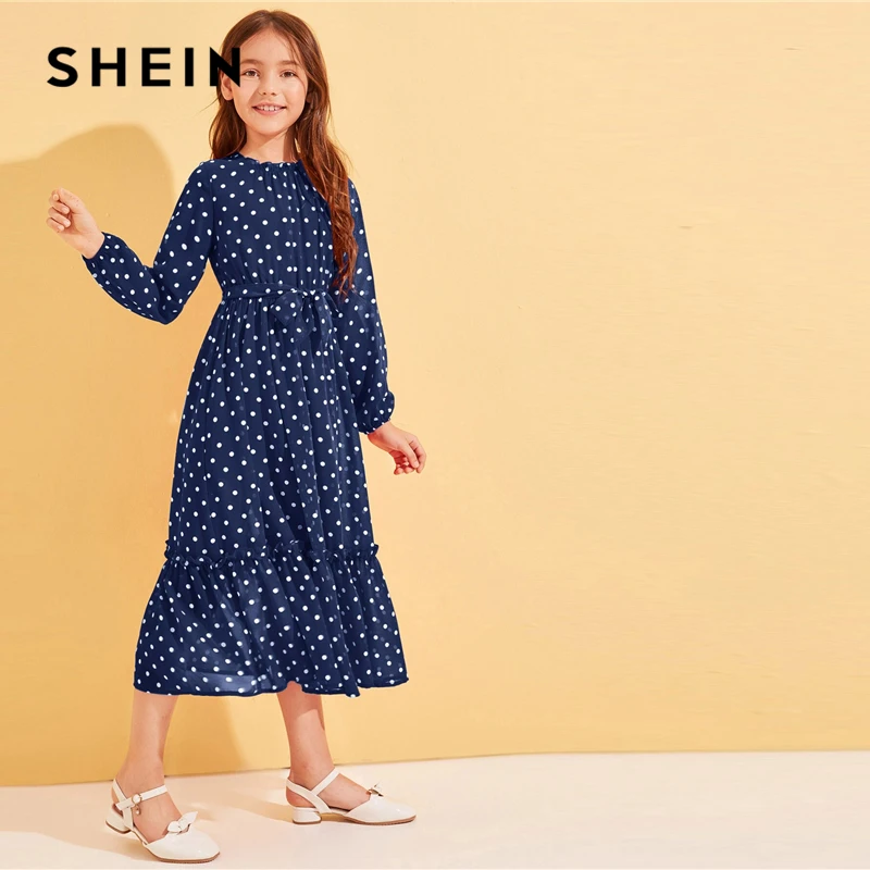 SHEIN Kiddie/милое красное платье в горошек с оборкой и поясом для девочек г., осенние длинные платья с длинными рукавами и рюшами