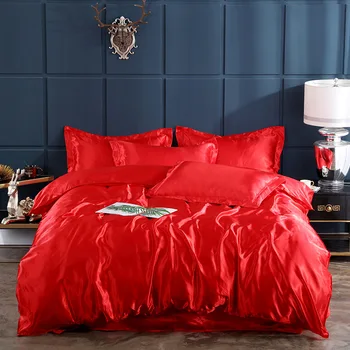 

Home Textile 4pcs Red Silk Bedding Set Satin Luxury Queen King Size Linen Sheet Pillowcase Set of Bed Linen Duvet Quilt Cover