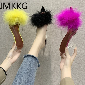 

Fashion 2020 New Women Fur Rubber Slippers Clear thin High Heels Slip On Mules Shoes Pointed Toe Colorful Slides