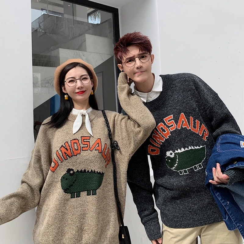 Dinosaur Men's Sweater Winter Pullover Couple  Student Sweater Men's Thicken Personality Round Collar Couple Embroidered Sweater