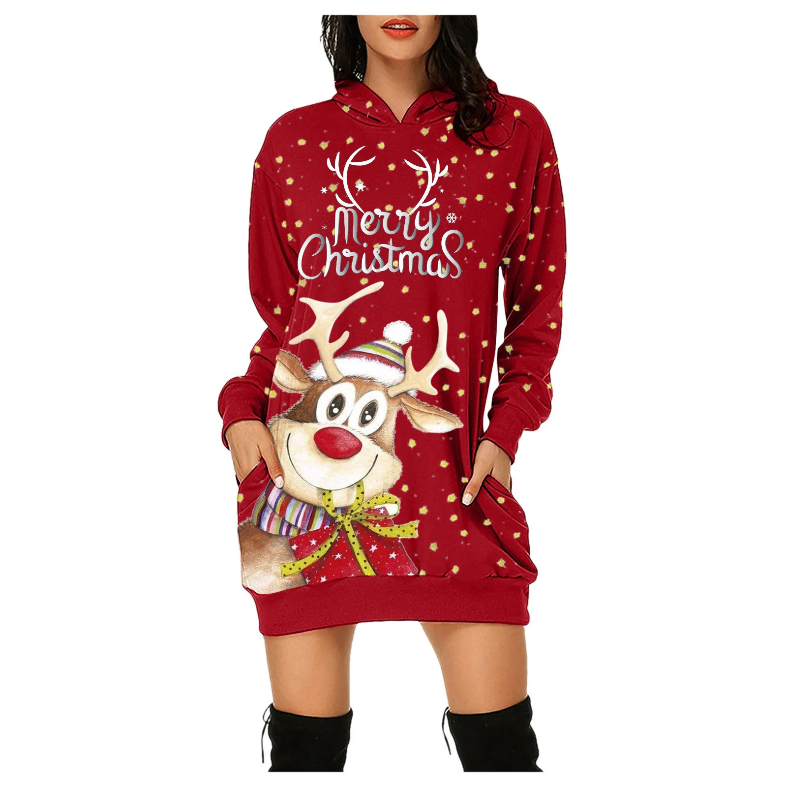 

Women's Fashion Casual Merry Christmas Prints Bag Hip Pocket Long Sleeves Hoodies Sweatshirts Dress With Pockets