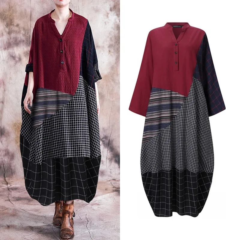 

Women's Maxi Sundress ZANZEA 2020 Vintage Check Stitching Shirt Dress Long Sleeve Tunic Vesitods Female Casual Robe Plus Size