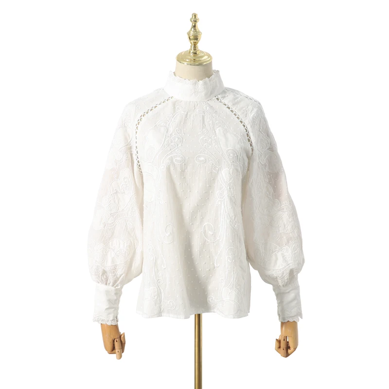 [LIVIVIO] белая кружевная блузка с цветочной вышивкой и длинным рукавом-фонариком, женская рубашка, топы, Женская Осенняя корейская мода - Цвет: blouse