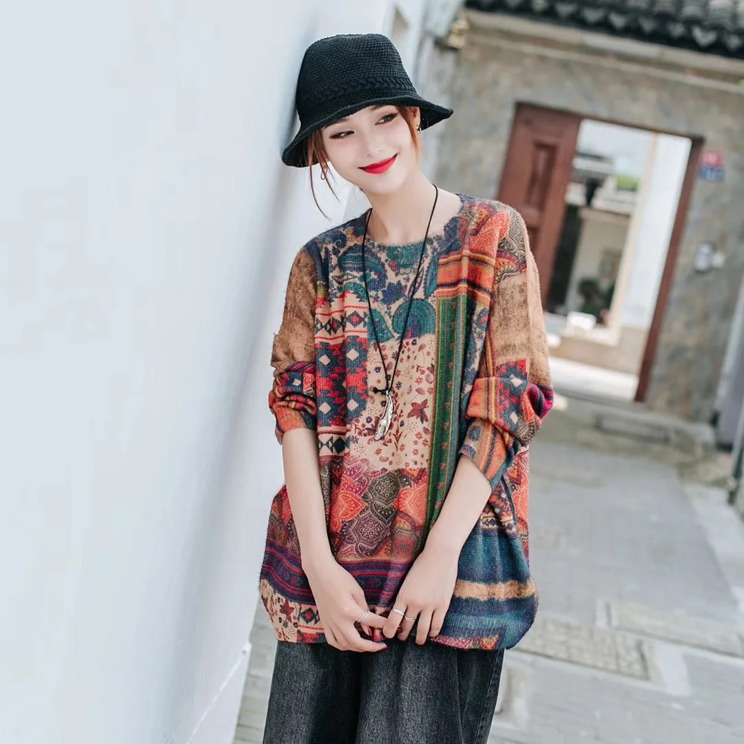 

New 2019 women's o-neck long-sleeved sweater loose pullover retro print mori girl SG1803