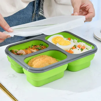 

1100ml 3 cells Collapsible Silicone Bento Box Food Storage Containers Lunch Box Space Saving For Home Travel School Office Bowl