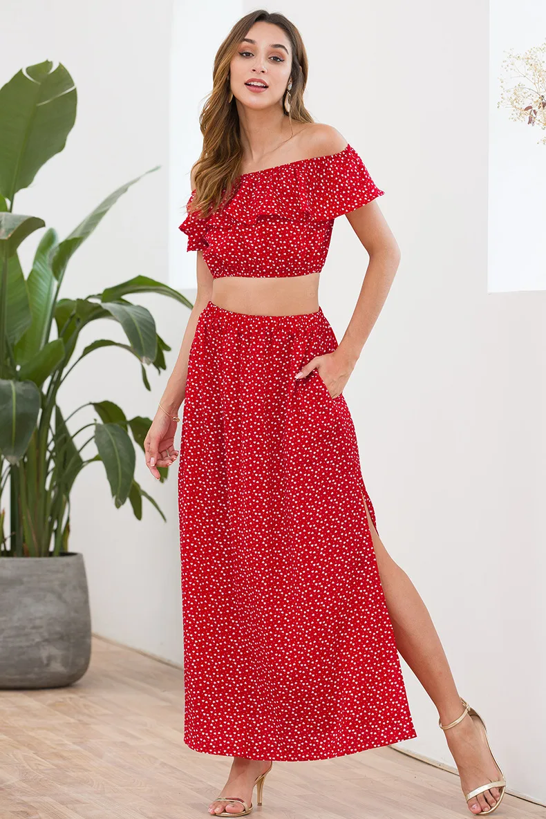 Летняя Макси-юбка из 2 предметов, гофрированная длинная юбка с разрезом по бокам, Женская Праздничная юбка с принтом сердца и карманами