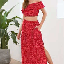 Летняя Макси-юбка из 2 предметов, гофрированная длинная юбка с разрезом по бокам, Женская Праздничная юбка с принтом сердца и карманами