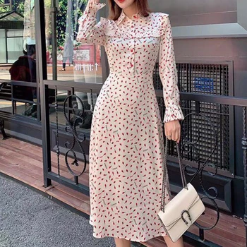 

Runway Bohemia Elegant Print Floral Pleated Flared Long Sleeve Single Breasted Shirt Slim Temperament Mid-Length Dress Women