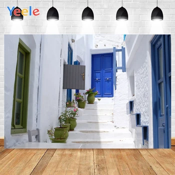 

Yeele Small Town White House And Steps Green Plants Window Blue Door Background Photophone Photography for Decor Customized Size