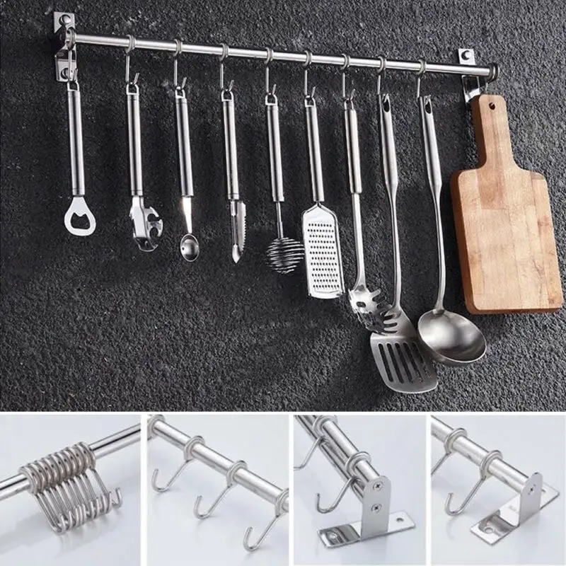 60cm-10 hooks Kitchen Utensil & Gadget Wall Hanging Rail Rack Bathroom Space Aluminium Holder Tools Racks & Holders