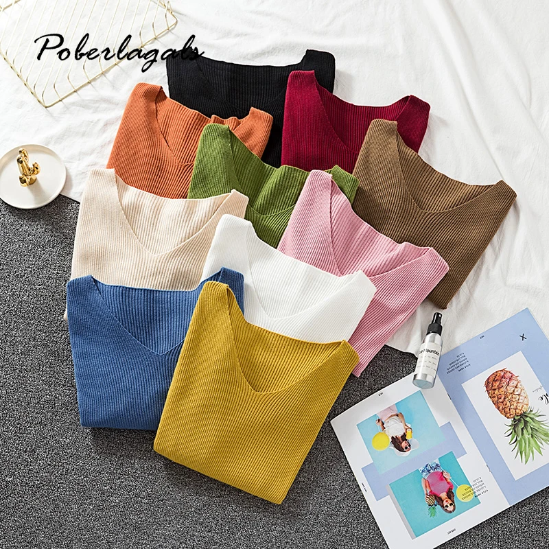 

2019 korean fashion V neck Black Pullovers Winter autumn Sweater Women Skinny Elastic Knitted Soft Pullover Sweaters female