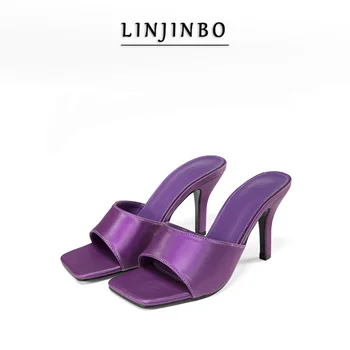 

Purple High Heel Slippers Women Square Toe Fine Heel Sandals Women 2020 Summer INS Chic One Strap Mules Slippers Women Shoes