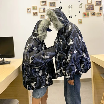 

Crane Coat Japanese Streetwear Hooded Winter Jacket 2020 Mens Fur Collar Coat Hip Hop Parkas Korean Fashion windbreaker
