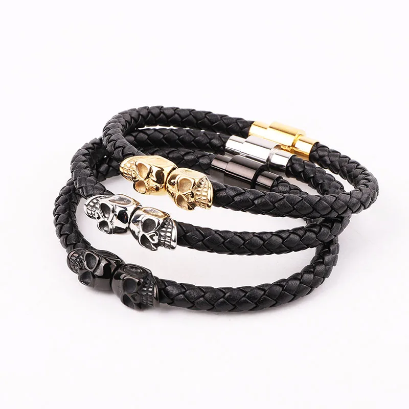 High Quality Punk 316L Stainless Steel Skull Charm Real Genuine Leather Bracelet Men Jewelry Gift