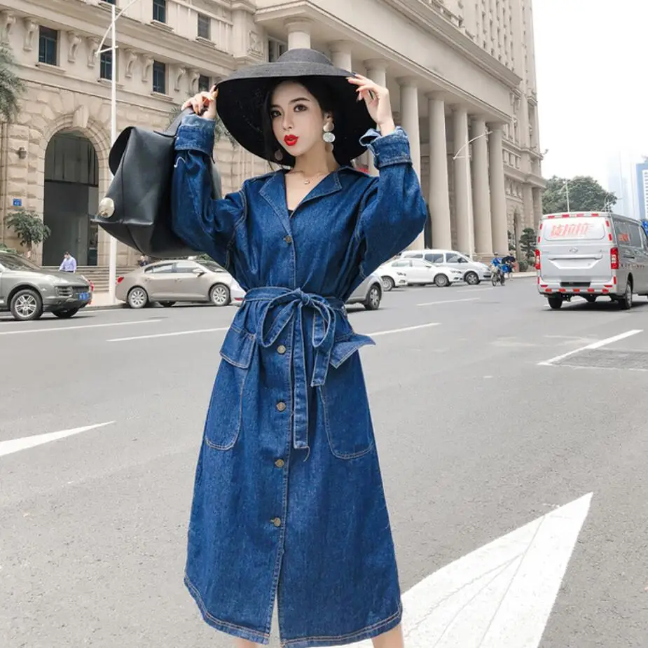 dark blue Женский джинсовый плащ в стиле Харадзюку, новинка, модная весенняя и осенняя Женская Длинная Верхняя одежда с длинными рукавами r1533 - Цвет: dark blue
