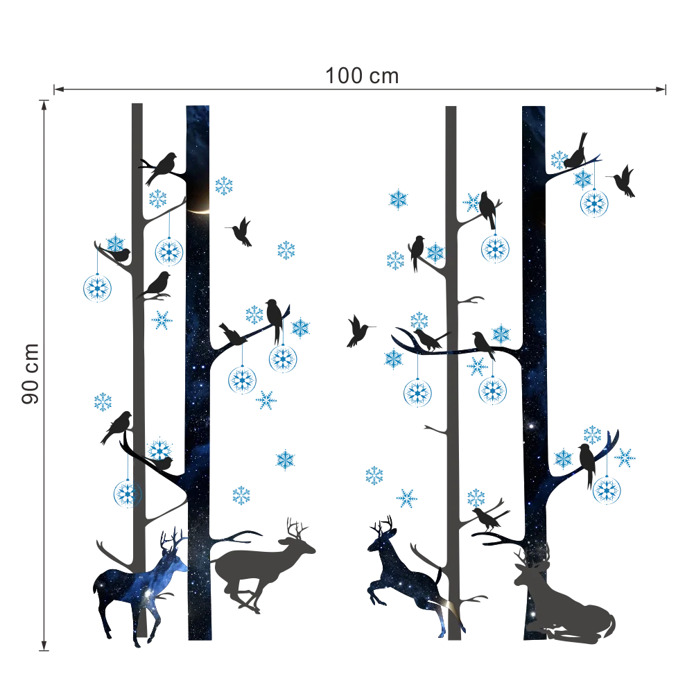 Deer in Forest Tree with Snowflake Wall Stickers For Kids Room Decoration Cartoon Deer Birds Animal Decal DIY Mural PVC Poster