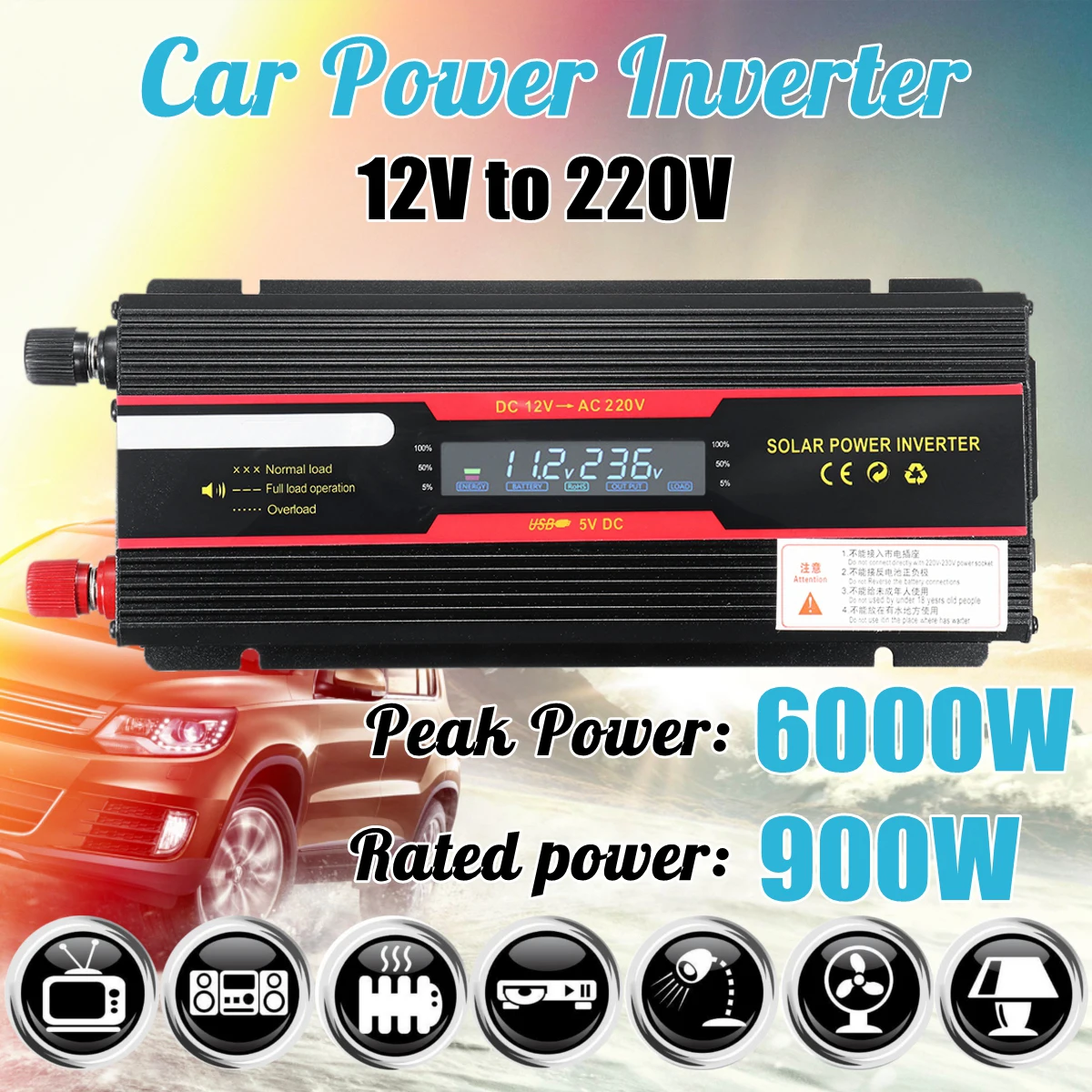 Baratos Inversor de coche 12V 220V 6000W Pe ak convertidor de voltaje transformador 12 V 24 V a 110 V 220 V Inversor + pantalla LCD