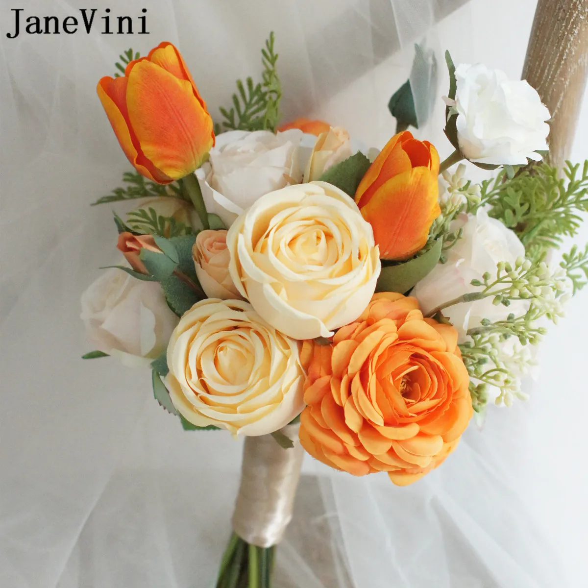JaneVini Champagne Wedding Flowers Bridal Bouquets Artificial Rose Bride Bridesmaid Holding Flowers Ramos De Quinceañera 2021