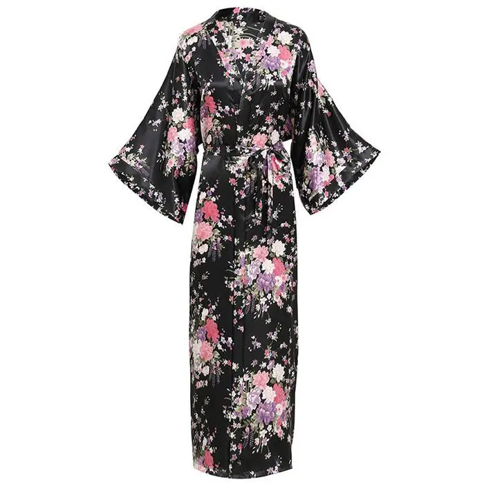 Элегантный женский халат длиной до лодыжки, кимоно, ночная рубашка, изысканный принт, цветок, ночная рубашка, одежда для сна размера плюс, Повседневная Мягкая домашняя одежда - Цвет: Black1