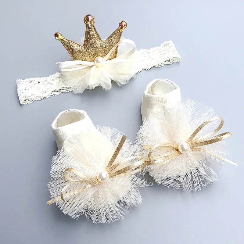2Pcs Baby Girl Socks Headband Set Lace Bows Newborn Girl Head bands Crown Infant Baby Turban Short Socks Hair Accessories 0-12M hair accessories hair bands hair headband accessories baby headband set headband sock set