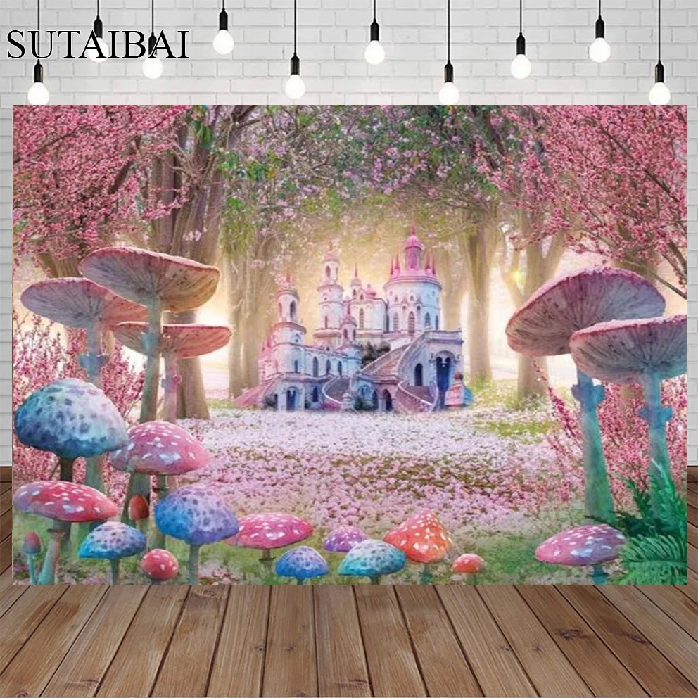 Pink Mushroom Castle Girl Princess Background Alice In Wonderland  image