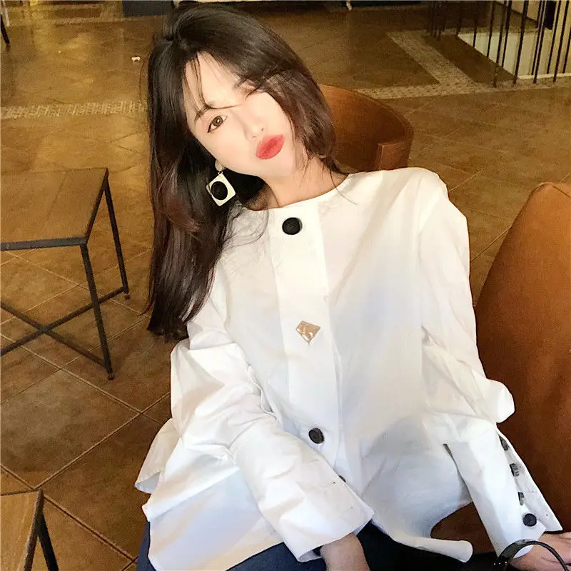 Neploe Single Breasted Women Blouses Sweet O Neck Long Sleeve Ladies Shirts Solid Drawstring Female Tops Spring 2020 49697