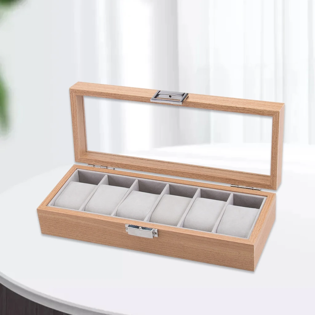 6 Slots Watch Display Case Wooden Glass Top Jewelry Storage Organizer Box
