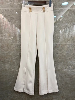 

2020 Spring and Summer New Women's Golden Buckle Decoration Solid Wild Micro Flared Trousers Casual Pants 416