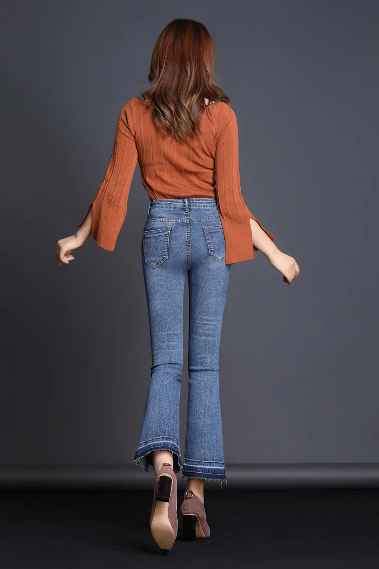 6770 осень середины талии узкие расклешенные джинсы Модные Элегантные ботильоны-длина Белл джинсы с кроем для женщин Изящные джинсы из