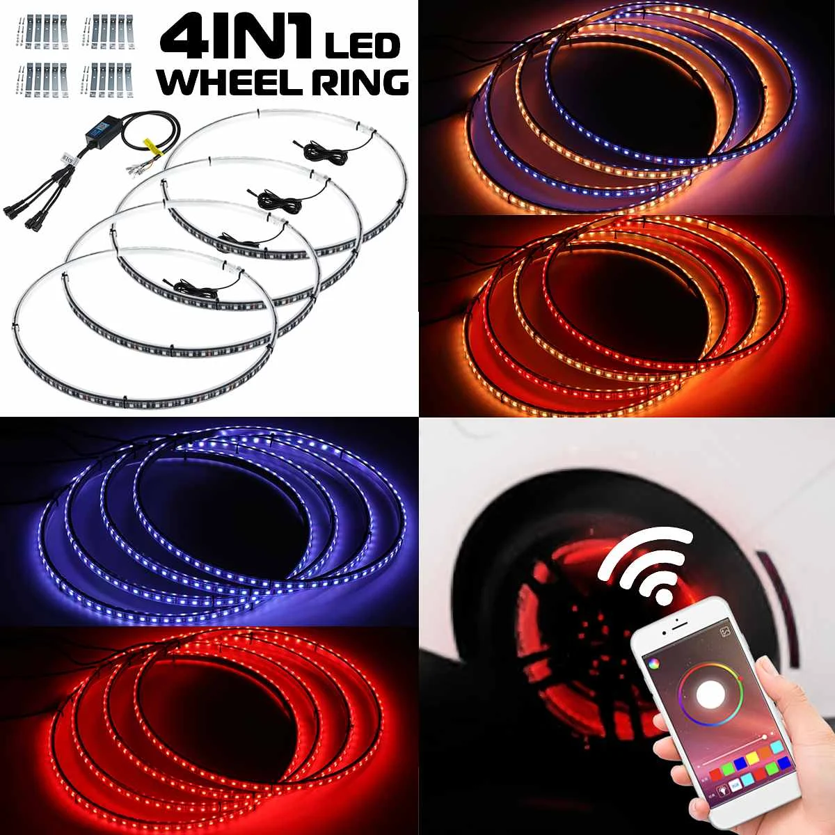 

4 IN 1 Car LED Wheel Ring Lights RGB 5050 SMD LED Chips 15.5 Inch bluetooth Control Single Row Light Strip for Car