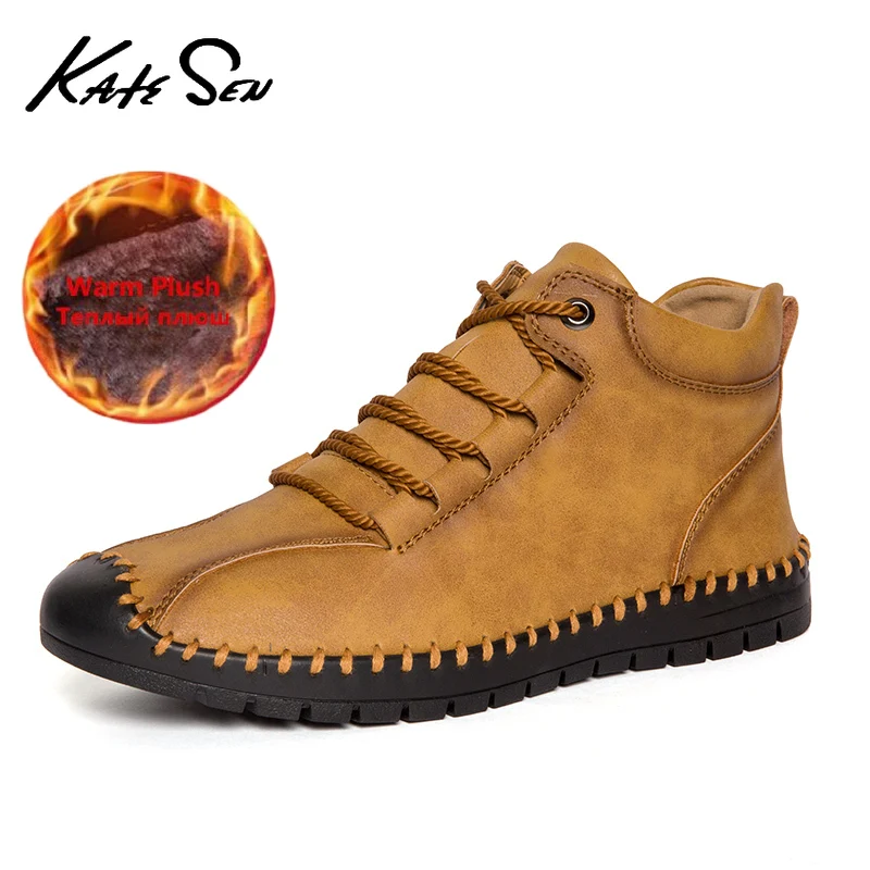 

KATESEN New winter men's handmade leather boots Fashion outdoor non-slip motorcycle boots Comfortable soft flat boots big size