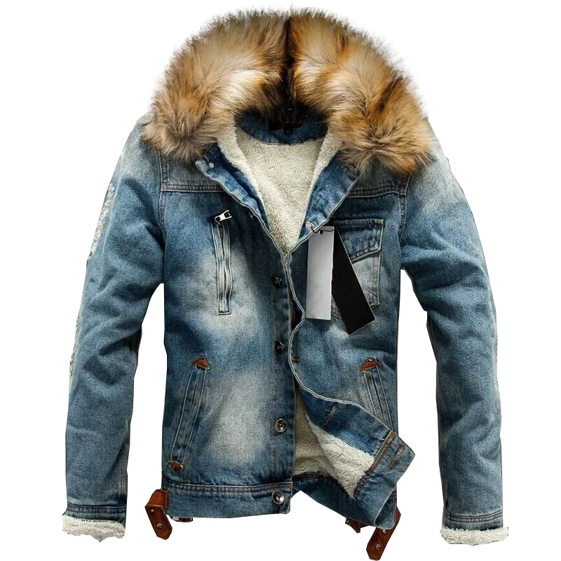 Прямая Новая мужская джинсовая куртка и пальто Джинсовая Толстая теплая зимняя верхняя одежда S-4XL