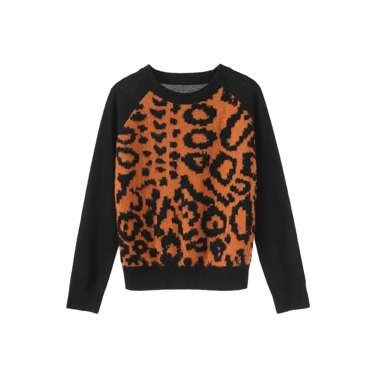 Black Leopard Patchwork Knitting Women Sweater 2019 Winter Long Sleeve Round Neck Jumper Fashion Clothing | Женская одежда