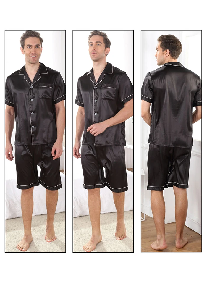 Summer Satin Silk Pajamas For Men Short Sleeve Sleepwear Male Soft Nightgown For Men Pyjamas Sleep Lounge Big Size L-3XL best silk pajamas