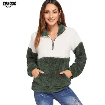 

Women Casual Patchwork Long Sleeve Zipper Spring/Autumn Regular Pullover Plush Sweatshirt Turndown Collar