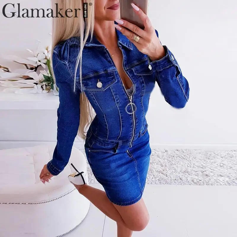 Женское джинсовое облегающее платье Glamaker элегантное мини-платье с длинным