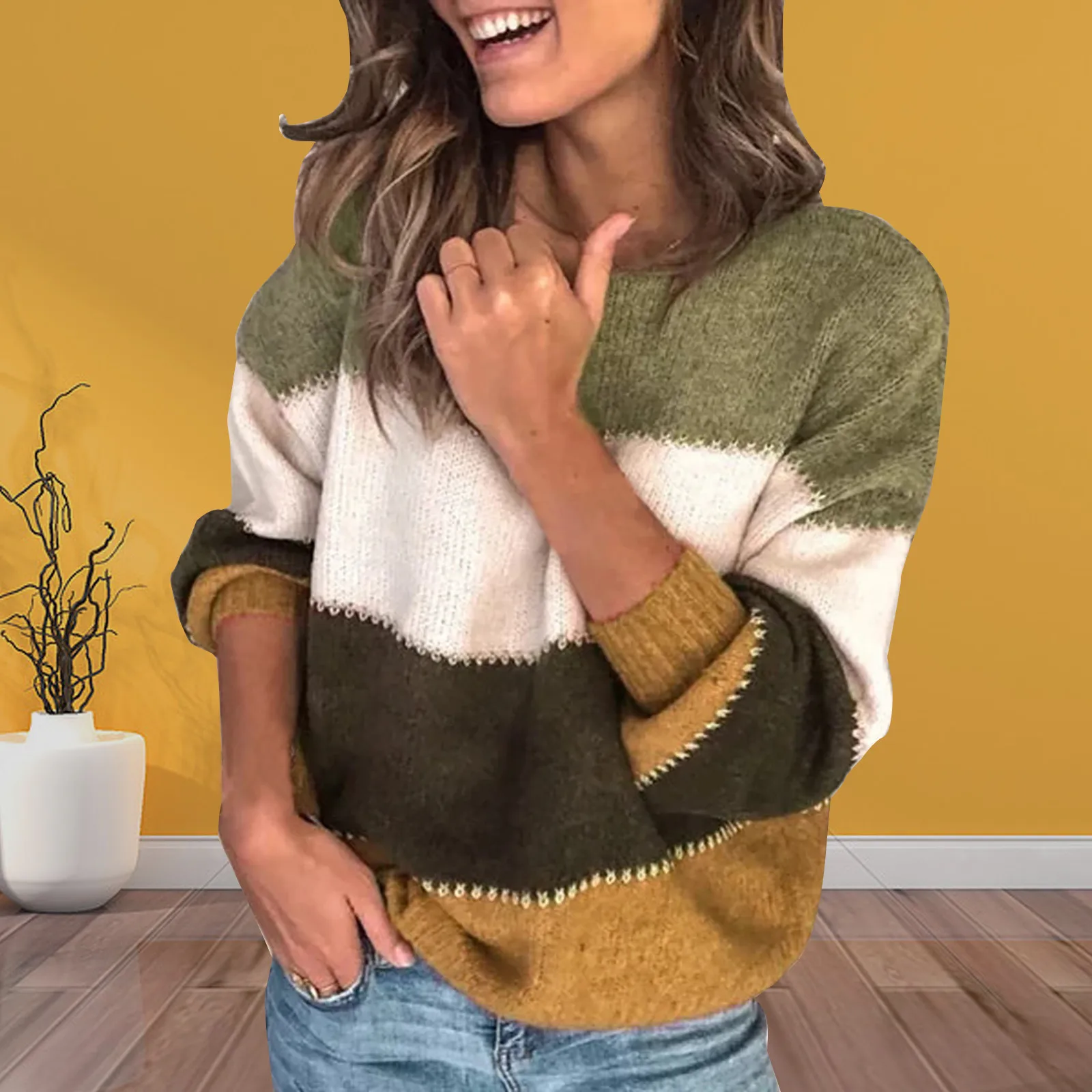 

Autumn And Winter Women New Round Neck Color Matching Comfortable Loose Sweater kersttrui Pullover knitted sweater Simplicity F4
