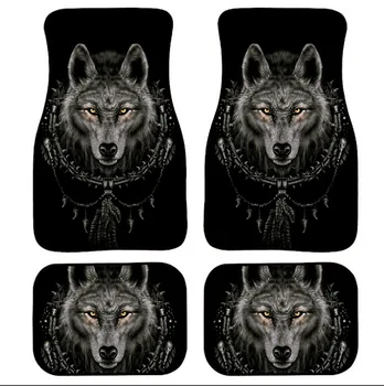 

Black and White with Pattern Leader Wolf Pattern Printed Foot Mat for Cars Four-piece Set Seat Cover Car Foot Mat