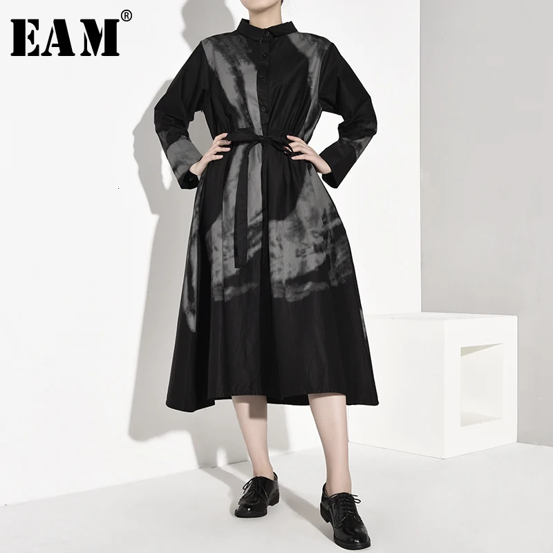

[EAM] Women Black Print Big Size Bandage Vintage Dress New Lapel Long Sleeve Loose Fit Fashion Tide Spring Autumn 2019 1A924