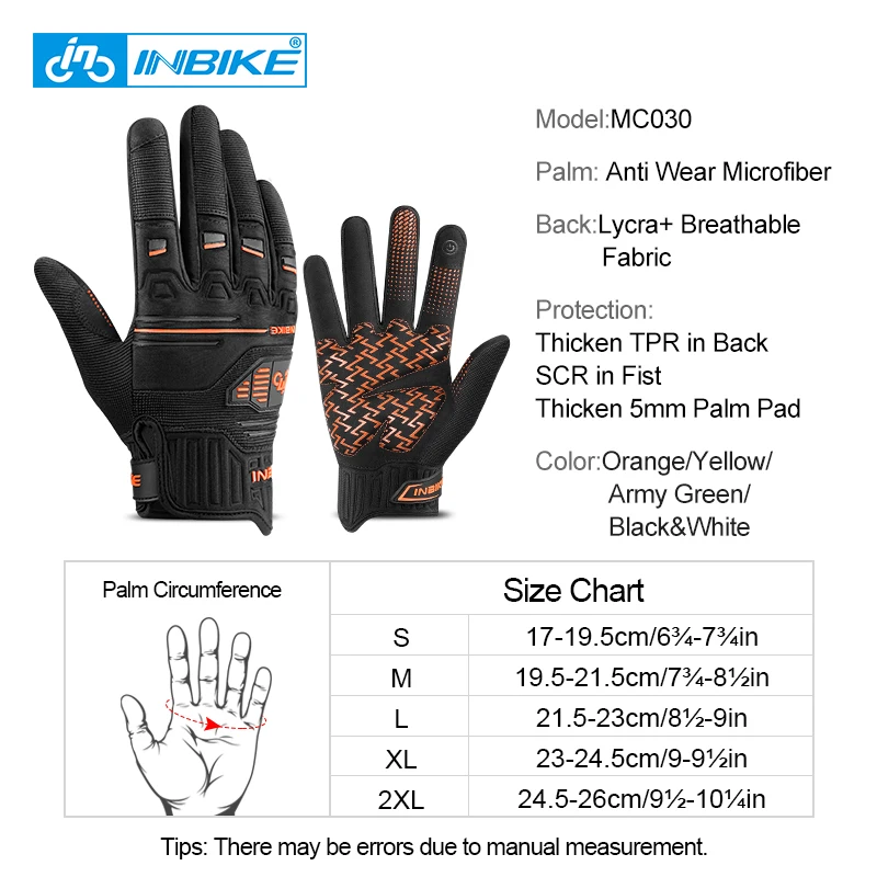 INBIKE MTB Bike Gloves Full Finger Thickened Pad Shockproof Breathable Road Bicycle Gloves Men Women Sport Cycling MC030