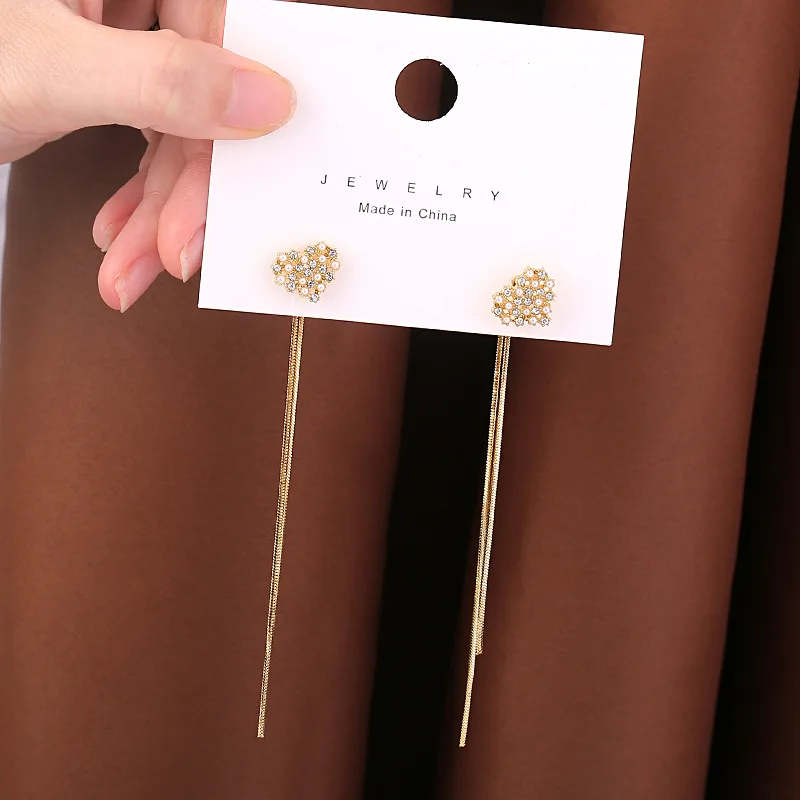 

Gold Color Rhinestone Pearls Heart Long Tassel Drop Earrings 2020 Fashion Hanging Women Earrings Wedding Jewelry Girl Party Gift