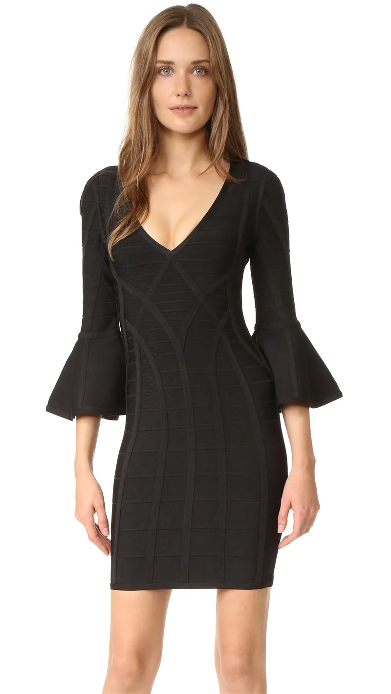 Flare Sleeve Deep V Neck Cutout Dress Women Bodycon Celebrity Evening Party Club Vestidos Stretch Mini Winter Bandage Dresses