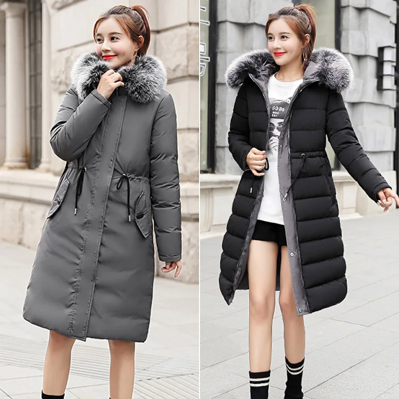 Длинный пуховик зимний женский большой размер оба размера можно носить женское пуховое пальто размера плюс с капюшоном с меховым воротником - Цвет: Серый