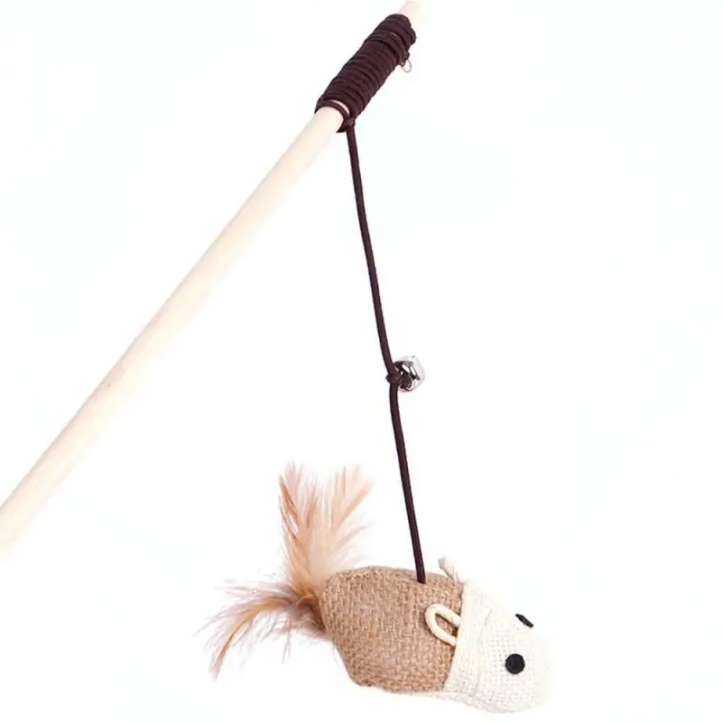 New Pet Cat Toys Funny Wooden Stick Dangle Mouse Ball With Feather Bell Interactive Cat Games Elastic Rope Toys 1 Pcs
