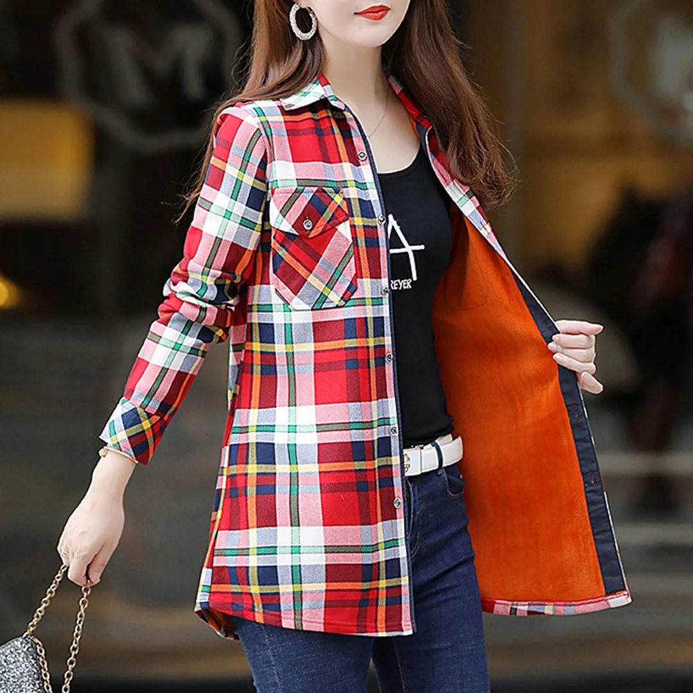 Warm Fleece Winter Blouse Shirt Thicken Fashion Plaid Vintage Office Basic Tops Ladies Blouses Long Sleeve Casual Shirts - Цвет: Белый